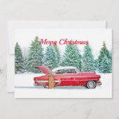 ヴィンテージの赤い車のスノースレッジクリスマス 招待状 (正面)
