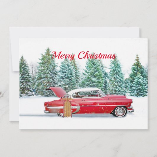 ヴィンテージの赤い車のスノースレッジクリスマス 招待状 (正面)