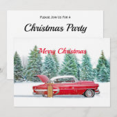 ヴィンテージの赤い車のスノースレッジクリスマス 招待状 (正面/裏面)