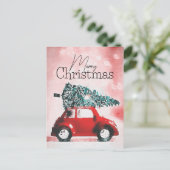 ヴィンテージの赤い車(クリスマスツリーを屋根に結んだ車) シーズンポストカード (スタンド正面)