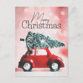 ヴィンテージの赤い車(クリスマスツリーを屋根に結んだ車) シーズンポストカード (正面)