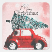 ヴィンテージの赤い車（クリスマスツリーを屋根に結んだ車） スクエアシール (正面)