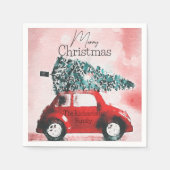 ヴィンテージの赤い車(クリスマスツリーを屋根に結んだ車) スタンダードカクテルナプキン (正面)
