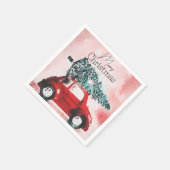 ヴィンテージの赤い車(クリスマスツリーを屋根に結んだ車) スタンダードカクテルナプキン (角)