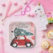 ヴィンテージの赤い車(クリスマスツリーを屋根に結んだ車) ペーパープレート (パーティー)
