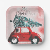 ヴィンテージの赤い車(クリスマスツリーを屋根に結んだ車) ペーパープレート (正面)