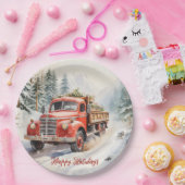ヴィンテージの赤い農場のトラックがクリスマスのためにロード ペーパープレート (パーティー)