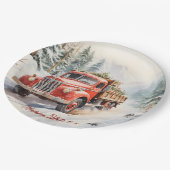 ヴィンテージの赤い農場のトラックがクリスマスのためにロード ペーパープレート (アングル)