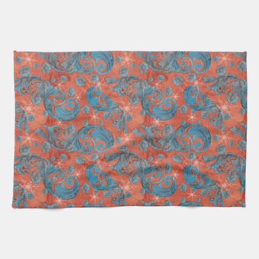 ヴィンテージの赤い青の渦巻き雪 キッチンタオル (横)