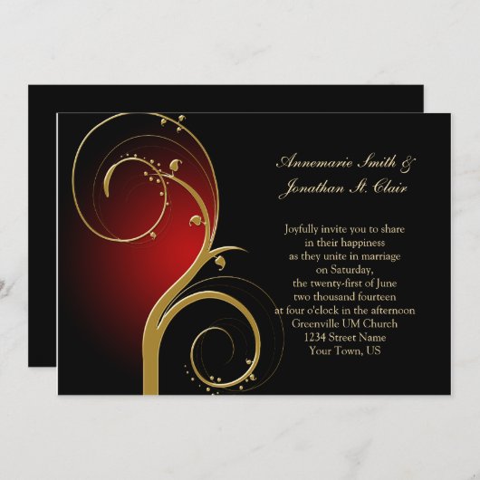 ヴィンテージの赤い黒および金ゴールドの結婚式招待状 招待状 (正面/裏面)