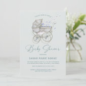 ヴィンテージの赤ちゃんのベビーカー 男の子のベビーシャワー 招待状 (スタンド正面)