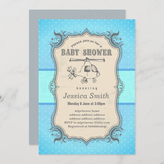 ヴィンテージの赤ちゃんシャワー招待 – おもちゃヘリコプター 招待状 (正面/裏面)