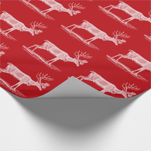 ヴィンテージの赤と白のトナカイのクリスマス ラッピングペーパー (角)