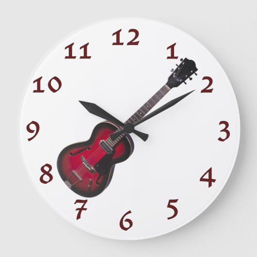 ヴィンテージの赤のギターを揺する時間 ラージ壁時計 (正面)