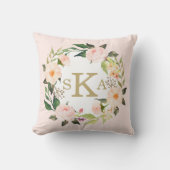 ヴィンテージの赤面のピンクのバラの花のリースのカスタム クッション (正面)