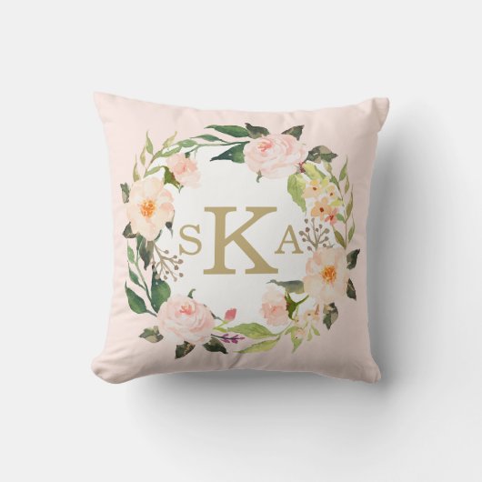 ヴィンテージの赤面のピンクのバラの花のリースのカスタム クッション (正面)