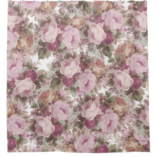 ヴィンテージの赤面のピンクのバーガンディのバラの花の絵画 シャワーカーテン (正面)