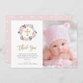 ヴィンテージの赤面の花柄および金ゴールドの十字の写真の洗礼 サンキューカード (正面/裏面)