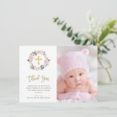 ヴィンテージの赤面の花柄および金ゴールドの十字の写真の洗礼 サンキューカード (スタンド正面)