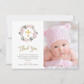 ヴィンテージの赤面の花柄および金ゴールドの十字の写真の洗礼 サンキューカード (正面)