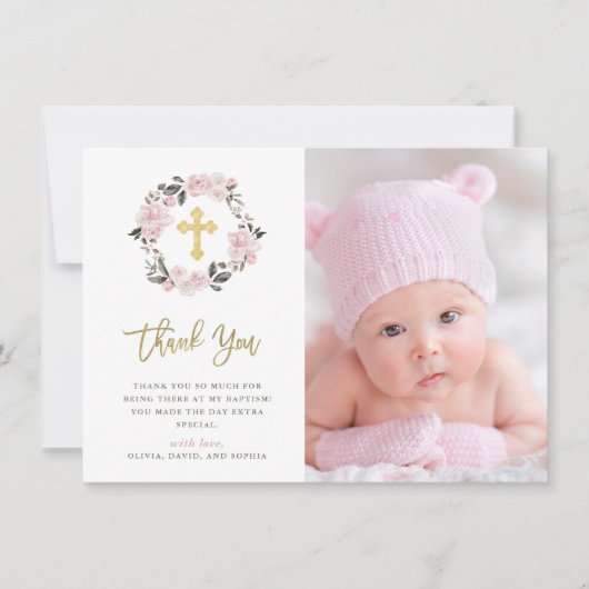 ヴィンテージの赤面の花柄および金ゴールドの十字の写真の洗礼 サンキューカード (正面)