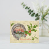 ヴィンテージの蹄鉄のヒイラギのクリスマス シーズンポストカード (スタンド正面)