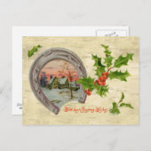 ヴィンテージの蹄鉄のヒイラギのクリスマス シーズンポストカード (正面/裏面)