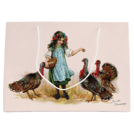 ヴィンテージの農場で働く女性及び七面鳥のギフトバッグ ラージペーパーバッグ