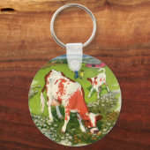 ヴィンテージの農場動物、牛が牧場で飼い主と共に キーホルダー (正面)