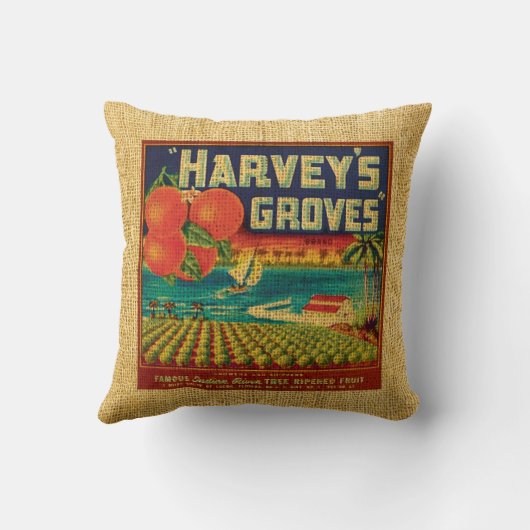 ヴィンテージの農産物のラベルのHarveyの果樹園のオレンジ クッション (裏面)