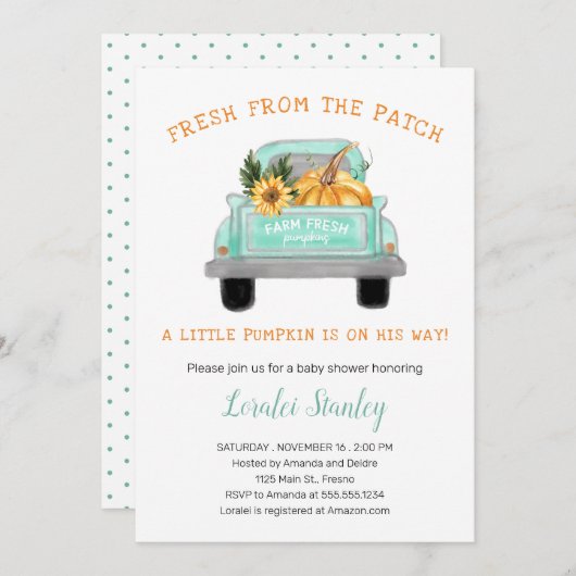 ヴィンテージの農用トラックとパンプキンの秋のベイビーシャワー 招待状 (正面/裏面)
