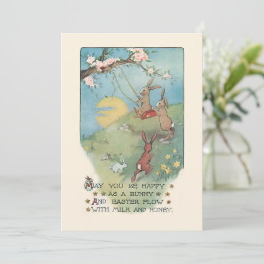 ヴィンテージの遊ブンニーがイースター詩とスイング中 シーズンカード (スタンド正面)