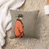 ヴィンテージの遠くにに見ている日本のな着物の女性のオレンジ クッション (ブランケット)