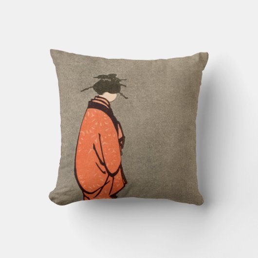ヴィンテージの遠くにに見ている日本のな着物の女性のオレンジ クッション (正面)