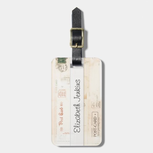 ヴィンテージの郵便はがきはVellumnをステッチしました ラゲッジタグ (正面縦)