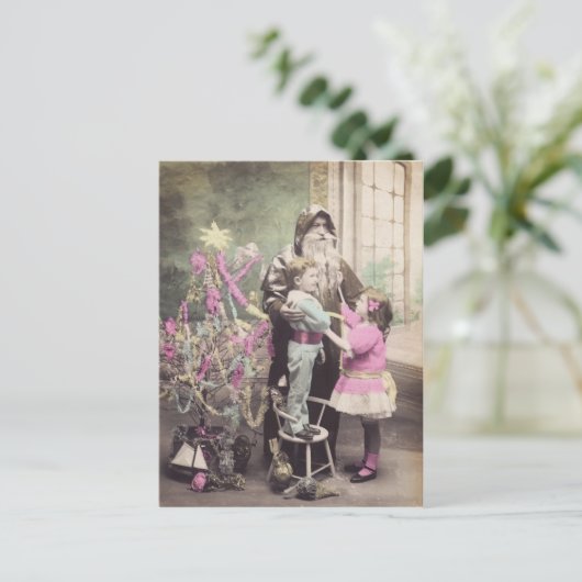 ヴィンテージの郵便はがきサンタクロース、木及び子供 シーズンポストカード (スタンド正面)