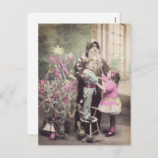 ヴィンテージの郵便はがきサンタクロース、木及び子供 シーズンポストカード (正面/裏面)