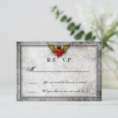 ヴィンテージの都市入れ墨によって飛ぶハートRSVPカード 出欠カード (スタンド正面)