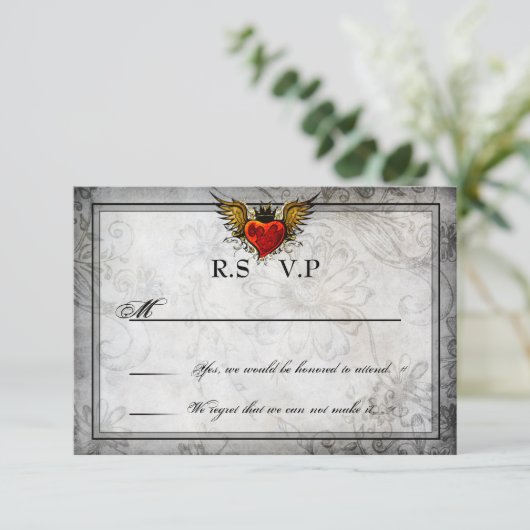 ヴィンテージの都市入れ墨によって飛ぶハートRSVPカード 出欠カード (スタンド正面)