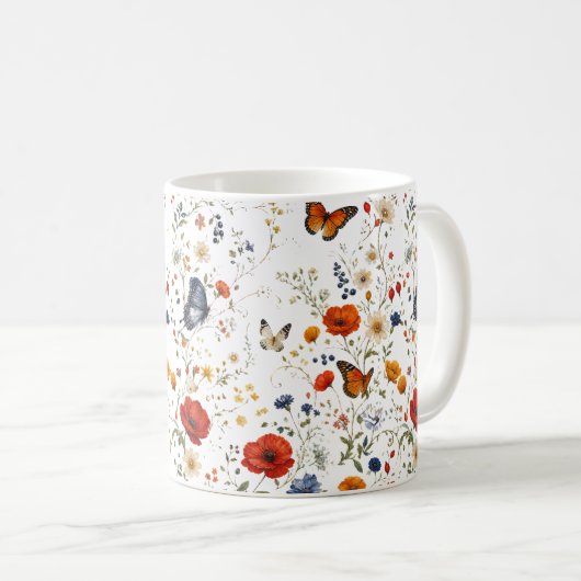 ヴィンテージの野の花と蝶のフラワーデザイン コーヒーマグカップ (正面右)
