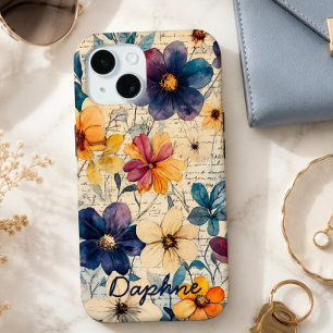 ヴィンテージの野の花 パープル&オレンジ オーダーメイド iPhone 15ケース