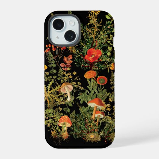 ヴィンテージの野の花  森のキノコ iPhone 15ケース (裏面)
