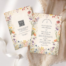 ヴィンテージの野の花QRコード付ウェディングインビテーション