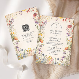ヴィンテージの野の花QRコード付ウェディングインビテーション 招待状