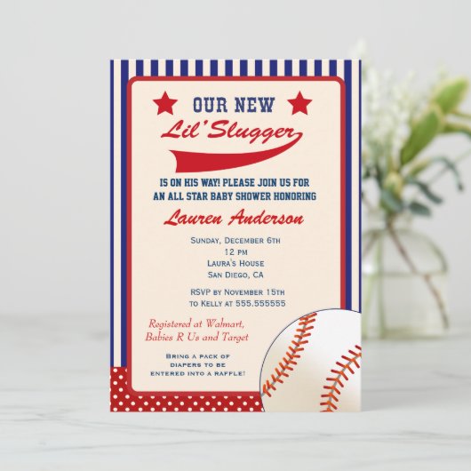 ヴィンテージの野球のベビーシャワーの招待状 招待状 (スタンド正面)