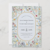 ヴィンテージの野生の花のシダほこりっぽいブルー結婚の写真 招待状 (正面)