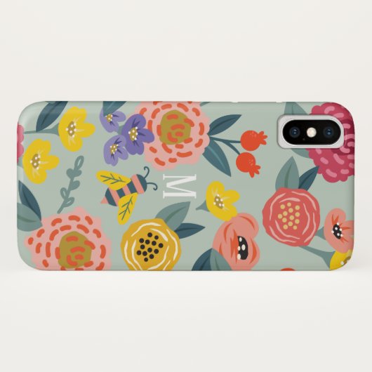 ヴィンテージの野生の花の群葉の蜂パターンモノグラム Case-Mate iPhoneケース (裏面(横))