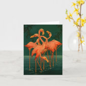 ヴィンテージの野生動物の鳥、熱帯ピンクのフラミンゴ カード (黄色い花)