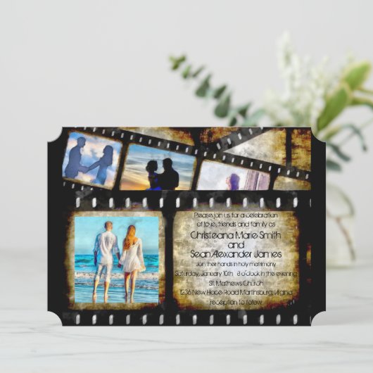 ヴィンテージの金ゴールドおよび黒いフィルムのストリップの水彩画 招待状 (スタンド正面)