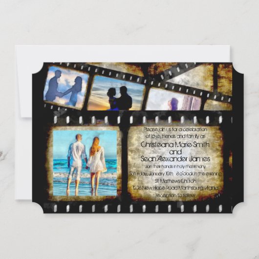 ヴィンテージの金ゴールドおよび黒いフィルムのストリップの水彩画 招待状 (正面)